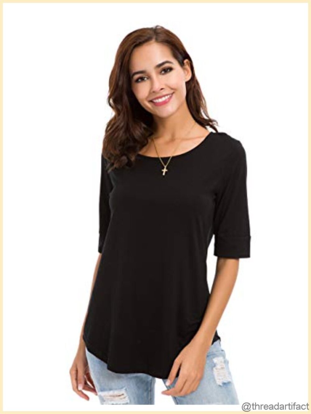 Cotton Tunic Tee Mid Sleeve Round Neck Curved Hem Casual Summer Top